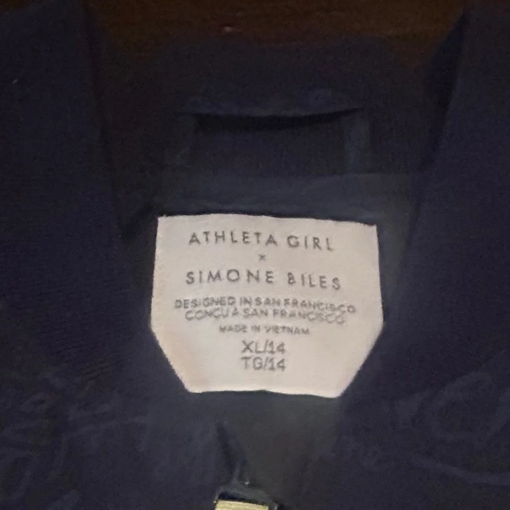 Athleta Girl‎ Simone Biles Navy Blue Convertible Jacket Kids XL 14 Script Print